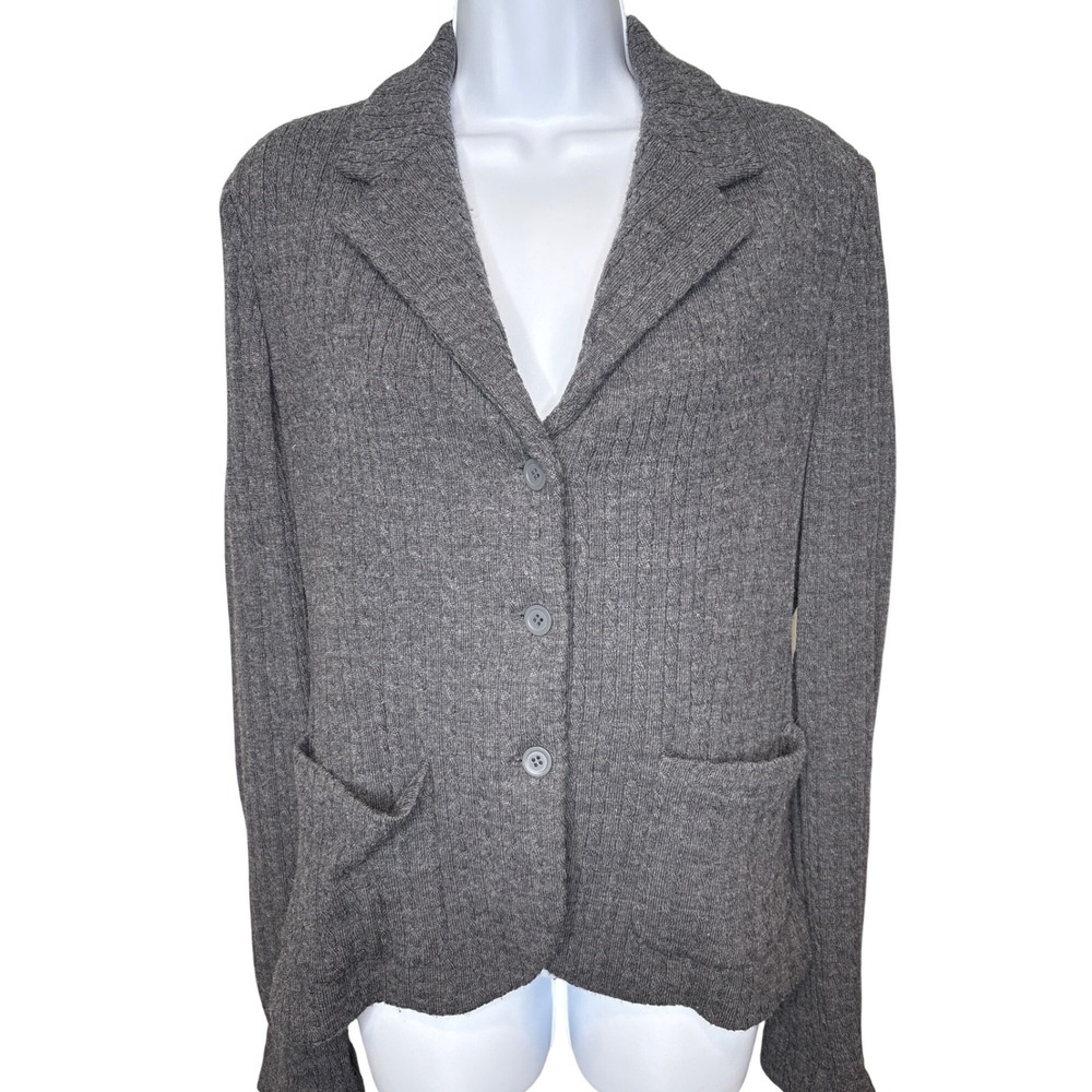 Garnet Hill Womens Gray‎ 100% Wool Cable Blazer Cardigan Sweater Sz 12 Preppy